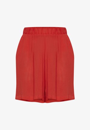 Crvene, lagane kratke hlače s elastičnom navlakom, koje imaju nabore za dodatnu teksturu i opušteni kroj. Glatki, prozračni materijal.