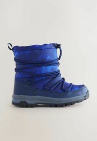 Wasserfester Winterstiefel in Dunkelblau mit strukturiertem Obermaterial, ausgestattet mit einem elastischen Kordelzugverschluss und einer robusten schwarzen Außensohle für guten Halt.