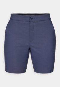 Navy blue shorts made of smooth fabric, featuring a button closure, belt loops, and a tailored fit with a clean hemline.