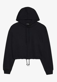 Sudadera recortada negra con capucha ajustable, mangas largas, puños acanalados y una tela texturizada que presenta un patrón sutil.