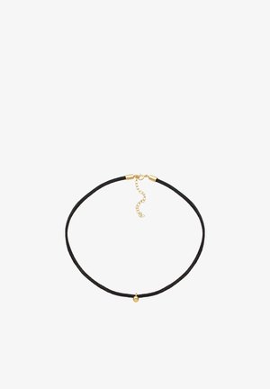 Colier choker negru, cu o curea subțire texturată și elemente de aur, având un mic pandantiv din aur, cu lanț ajustabil pentru lungime.