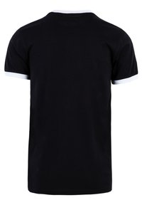 Schwarzes T-Shirt mit kurzen Ärmeln, weißem Rundhalsausschnitt und Akzenten an den Ärmeln, aus weicher Baumwollstoff; einfacher, klassischer Stil.