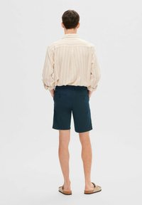 Camicia a righe chiare con maniche lunghe, vista da dietro, abbinata a pantaloni corti blu scuro. Sandali ai piedi; design semplice e casual, senza motivi prominenti.