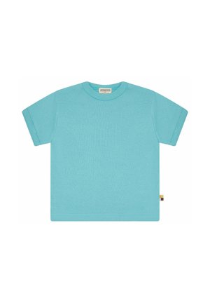Schlichtes hellblaues T-Shirt mit kurzen Ärmeln, Rundhalsausschnitt und kleinem Label-Tag an der linken Seitennaht.
