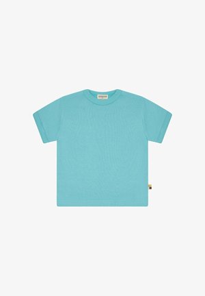 Effen lichtblauw T-shirt met korte mouwen, ronde hals en klein labeltje op de linker zijnaden.