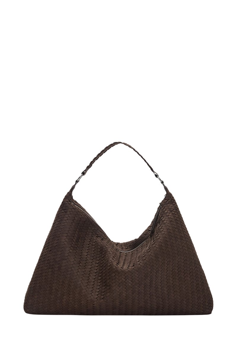Braune, geflochtene Lederhandtasche mit einer lässigen, dreieckigen Form. Verfügt über einen geflochtenen Griff und einen Reißverschluss an der Oberseite.