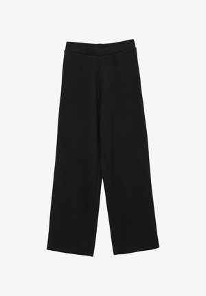 Pantaloni neri a gamba larga con vita alta, vestibilità ampia e senza chiusure o tasche visibili, esposti su uno sfondo bianco.