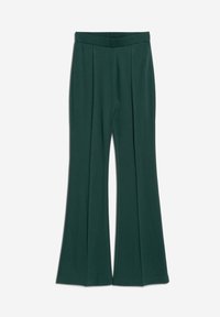 Pantalones verde de pierna ancha hechos de una tela suave con una cinturilla plana y pliegues frontales, que cuentan con una textura suave y líneas limpias.