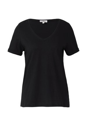 T-shirt nero a maniche corte con scollo a V. Realizzato in cotone morbido, presenta maniche arrotolate e una vestibilità dritta con dettagli di cucitura minimal.