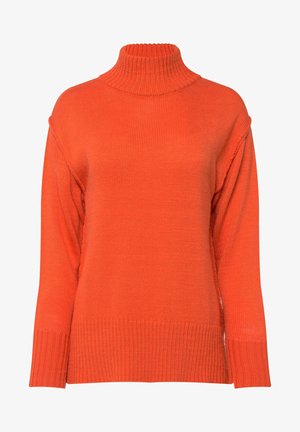Maglione a collo alto di un vivace arancione, con texture a costine, spalle scese e una vestibilità ampia con polsini larghi.
