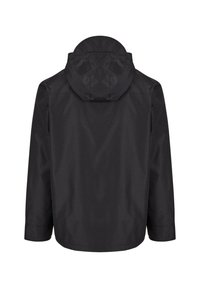 Jachetă impermeabilă neagră cu glugă, având o textură netedă, mâneci lungi și un design minimalist. Vedere din spate care arată liniile de construcție.