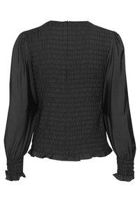 Black blouse with smocked texture at the back, long puff sleeves with gathered cuffs, and a ruffled hem. Features a back zipper closure.