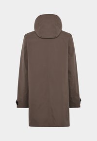 Brun vandtæt jakke med en tætsiddende hætte, lange ærmer og lige snit. Har en glat overflade og minimale syninger.