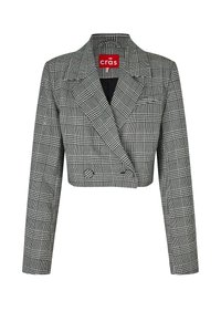 Geknipte, dubbelgeknoopte blazer in zwart-wit geruit patroon. Heeft grote revers en twee knopen aan de voorkant. Gemaakt van textuurstof.