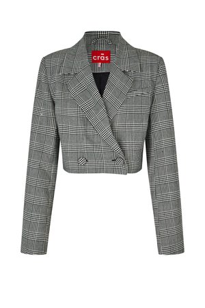 Odrezan, dvoredni blazer v črno-beli karo vzorcu. Ima velike reverje in dva sprednja gumba. Narejen iz teksturirane tkanine.