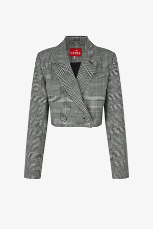 Blazer cropped, de duas fileiras de botões, em padrão de quadrados preto e branco. Apresenta lapelas grandes e dois botões frontais. Feito de tecido texturizado.