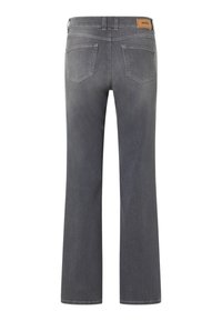 Graue Denim-Jeans mit geradem Bein-Design, ausgestattet mit einem braunen Lederpatch auf der Rückseite und zwei Gesäßtaschen. Strukturierter Stoff mit einem ausgebleichten Finish.