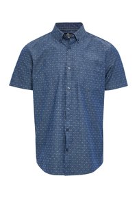 Chemise pour homme à manches courtes avec boutons, de couleur bleue avec un petit motif floral blanc et une poche poitrine.