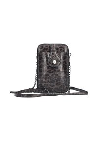 Kruisbodytas met luipaardprint in zwart- en grijstinten, met een gestructureerd oppervlak, kettingband en een decoratieve bijencharme met een parelaccent.