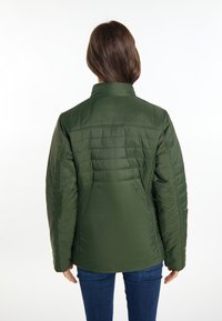 Groene pufferjack met hoge kraag, doorgestikte textuur en een relaxte pasvorm. Glad materiaal met zichtbare naden en stikdetails.