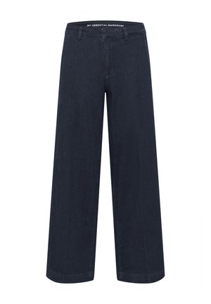 Wide-leg denim trousers in a dark indigo color, featuring a classic waistband with logo, and a smooth texture without visible distressing.