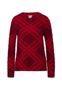Roter Strickpullover mit strukturierter Oberfläche, der ein geometrisches Muster aus sich kreuzenden Linien und Rauten in Dunkelrot zeigt. Lange Ärmel.