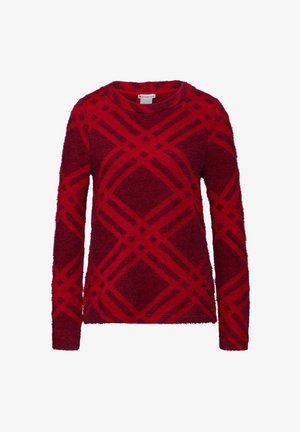 Rød strikket sweater med tekstureret overflade, der har et geometrisk mønster af krydsende linjer og diamanter i mørkerød. Lange ærmer.