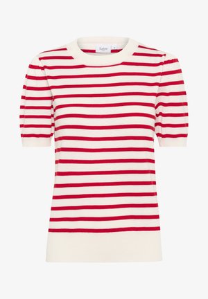 Camiseta de punto a rayas rojas y blancas de mangas cortas con cuello redondo. Textura suave, diseño ajustado y detalles de dobladillo acanalado.