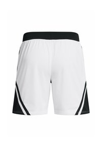 Hvide atletiske shorts med sorte detaljer. Fremstillet af mesh stof, med en løstsiddende pasform, elastisk talje og kontrasterende sidestriber.
