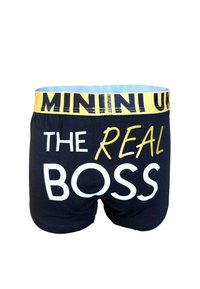 Mustat alushousut, joissa on keltainen vyötärönauha ja valkoisella sekä keltaisella kirjoitettu teksti "THE REAL BOSS". Pehmeää, joustavaa puuvillakangasta.