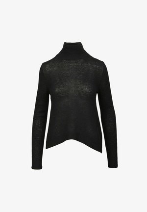 Maglione a collo alto in maglia nera a maniche lunghe con una texture leggermente trasparente e orlo asimmetrico.