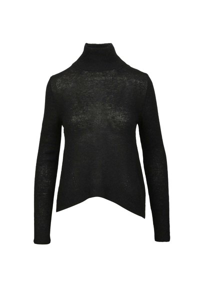 Maglione a collo alto in maglia nera a maniche lunghe con una texture leggermente trasparente e orlo asimmetrico.