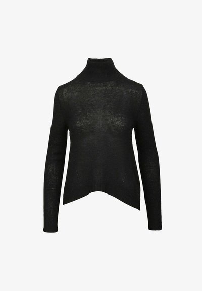 Maglione a collo alto in maglia nera a maniche lunghe con una texture leggermente trasparente e orlo asimmetrico.