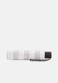 Compact folding umbrella in grey and white stripes, featuring a black handle with a logo band and nylon fabric for durability.