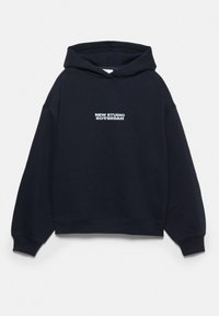 Marineblauer Hoodie mit einer Fronttasche, gerippten Bündchen und weißem Text "NEW STUDIO ROTTERDAM" mittig auf der Brust.