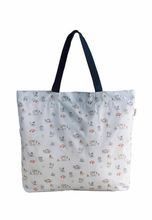 Sac fourre-tout blanc avec poignées noires, orné de petits motifs colorés représentant des chats nageant, des bateaux, des bouées et des canards en caoutchouc flottants.