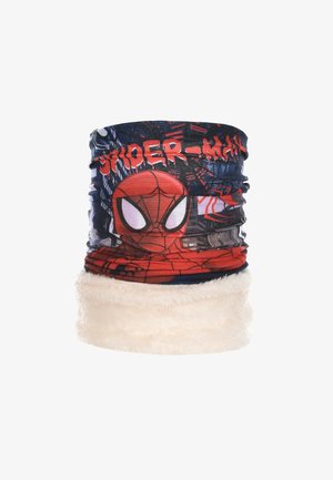 Cuello calentador forrado de felpa con un estampado multicolor de Spider-Man en una tela suave, con un fondo blanco acolchado para mayor comodidad.
