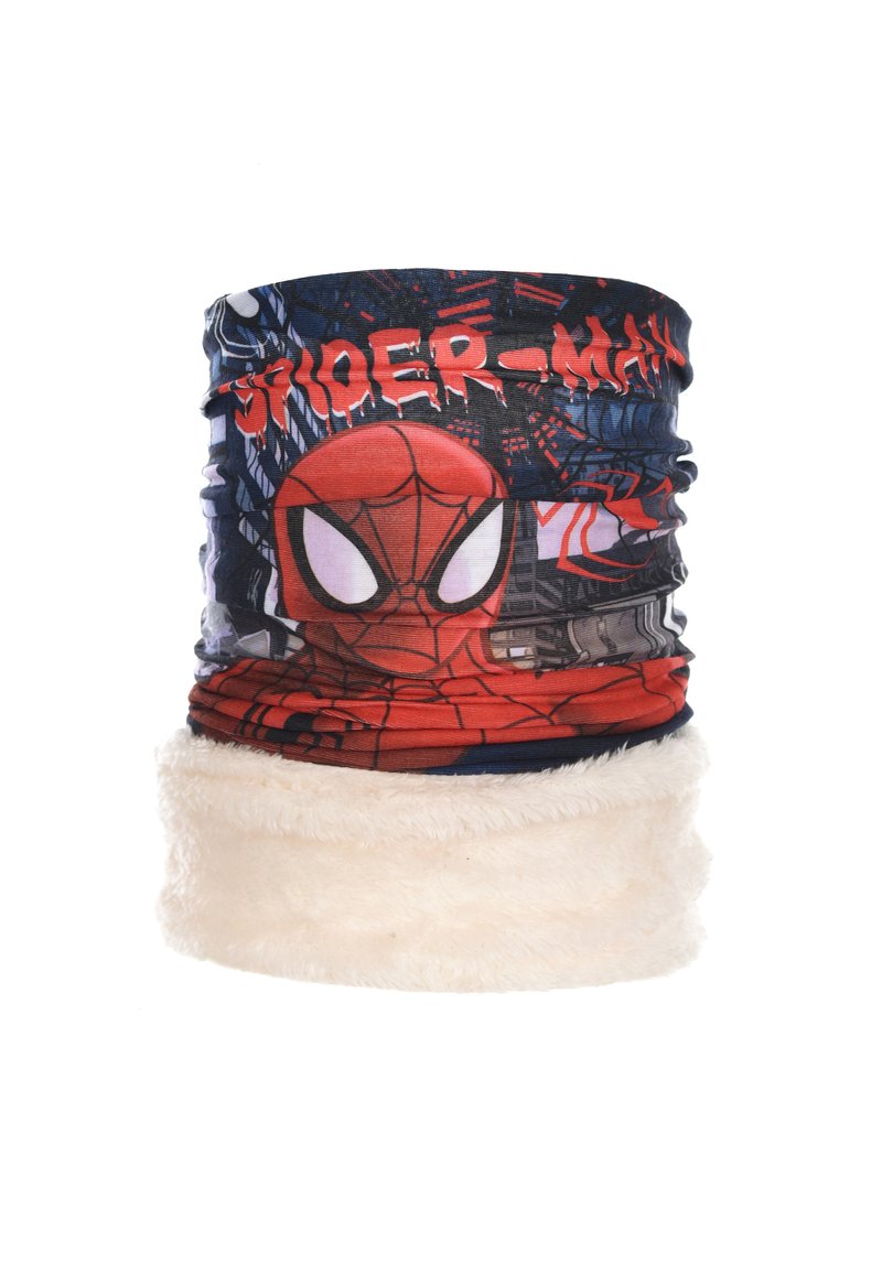 Fleece-gewatteerde nekwarmer met een multikleurig Spider-Man-print op een zachte stof, met een pluche witte onderkant voor extra comfort.