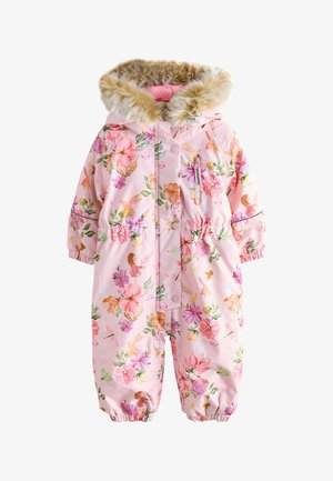 Rosa gefütterter Schneeanzug für Kleinkinder mit elastischen Bündchen, Kapuze mit Kunstpelzbesatz, Frontreißverschluss und Druckknöpfen.