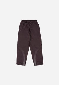 Black athletic pants made of lightweight fabric. Features an elastic waistband, zippered cuffs, and reflective detailing on the sides.