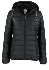 Veste matelassée noire à capuche avec fermeture éclair à l'avant, deux poches zippées et cordons blancs sur la capuche, étiquette ROXY à l'intérieur.