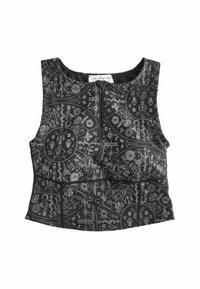 Zwarte mouwloze top met een getailleerd ontwerp, featuring een zilveren astrologisch patroon, ronde halslijn en verborgen ritssluiting aan de voorkant.