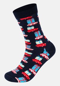 Námořnické ponožky s opakujícím se vzorem červených aut a barevných dárkových krabic. Vyrobené z m ěkké tkaniny s žebrovaným lemem pro pohodlné nošení.