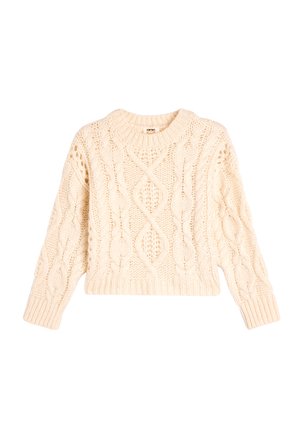 Chunky-Cream-Übergröße Kabelstrickpullover mit rundem Halsausschnitt, langen Ärmeln und verkürztem Saum. Verfügt über Diamant- und Zopfmuster im gesamten Design.