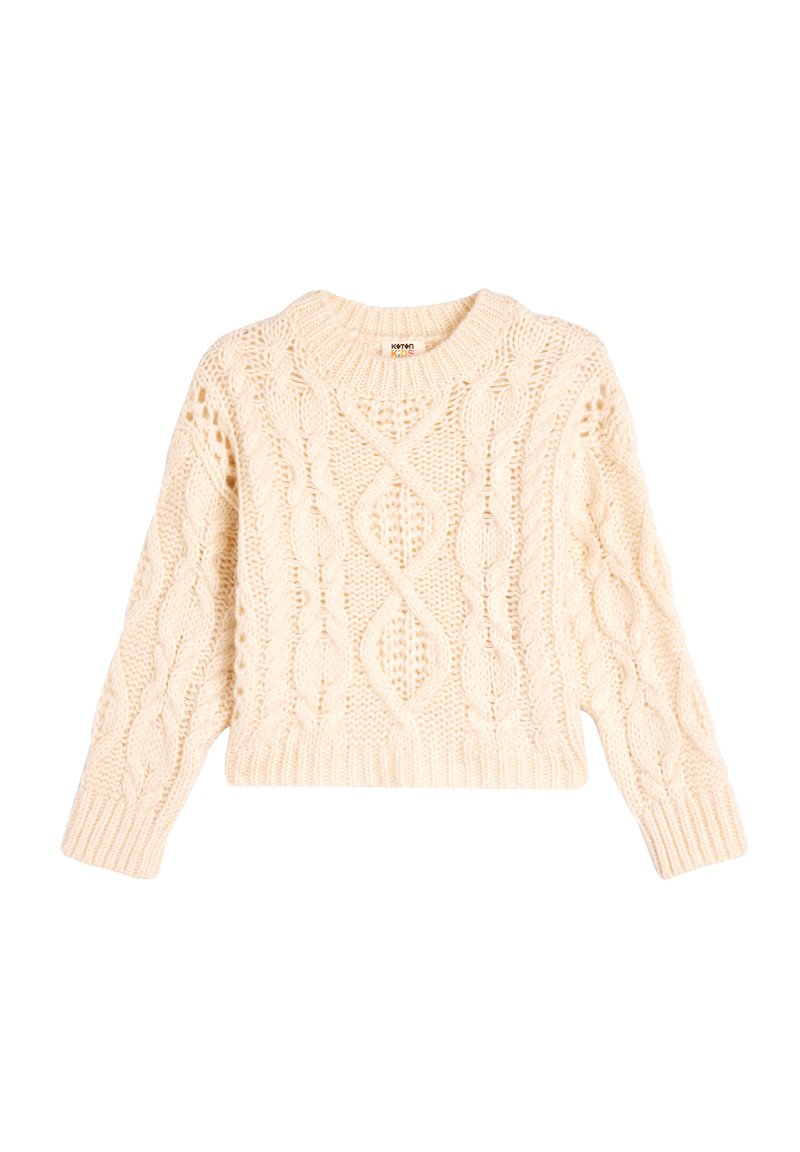 Chunky-Cream-Übergröße Kabelstrickpullover mit rundem Halsausschnitt, langen Ärmeln und verkürztem Saum. Verfügt über Diamant- und Zopfmuster im gesamten Design.