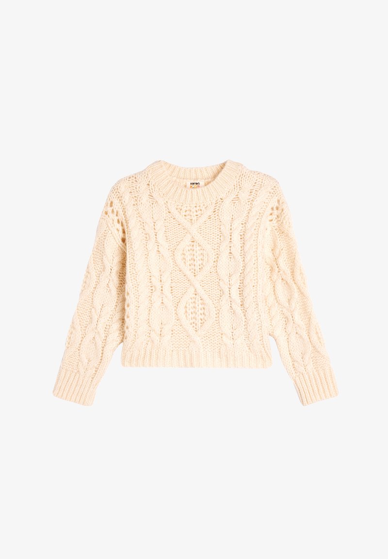 Chunky-Cream-Übergröße Kabelstrickpullover mit rundem Halsausschnitt, langen Ärmeln und verkürztem Saum. Verfügt über Diamant- und Zopfmuster im gesamten Design.