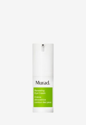 Crème contour des yeux Murad Renewing dans un flacon cylindrique blanc avec un bouchon-pompe carré. Étiquette verte avec le nom et la description du produit.