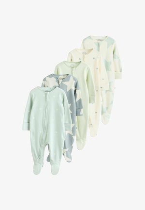 Cinco pijamas para bebé con pies en tonos pastel verdes, azules y crema, con patrones de estrellas y rayas, cierre con cremallera en la parte delantera.