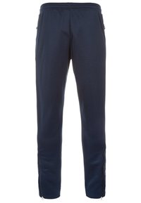Donkerblauwe, taps toelopende joggingbroeken van zacht materiaal, met een elastische tailleband en ritsopeningen bij de enkels.
