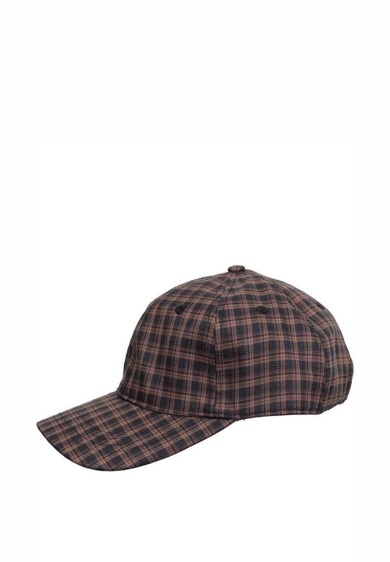 Kariertes Baseballcap in Dunkelblau- und Brauntönen, mit gebogenem Schirm, gestickten Belüftungslöchern und einer strukturierten Stoffoberfläche.